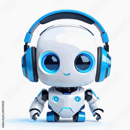 a robot with headphones is sitting down
