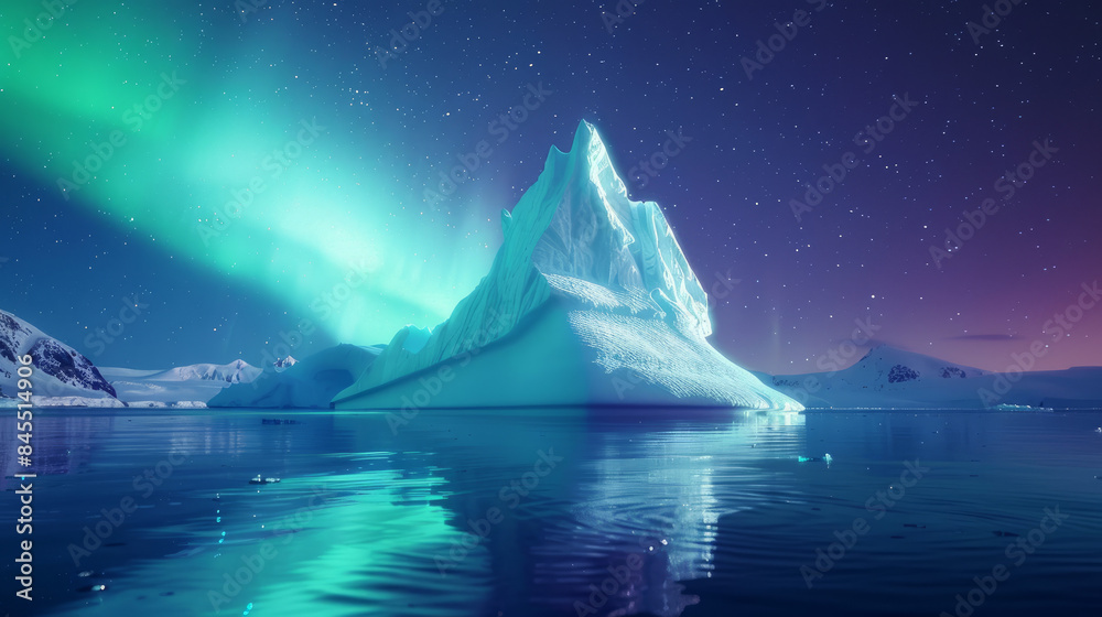 An iceberg casts its shadow against the ethereal glow of the aurora borealis, a captivating celestial dance against the backdrop of a tranquil fjord in Greenland. An iceberg casts its shadow against the ethereal glow of the aurora borealis, a captivating celestial dance against the backdrop of a tranquil fjord in Greenland.