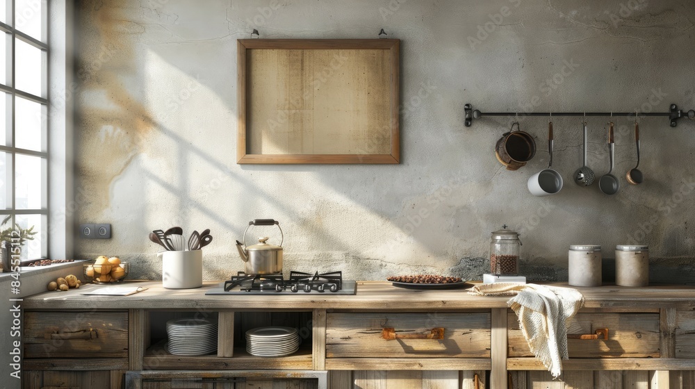 a rustic coffee station adorned with coffee pot, beans, vintage pepper mill, and accessories, featuring an empty wooden frame mockup on the wall and a large wood board for decoration.