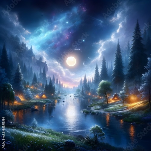 A stunning digital depiction of a magical landscape featuring a river beneath a moonlit sky, little, glowing flowers on the ground © CARL