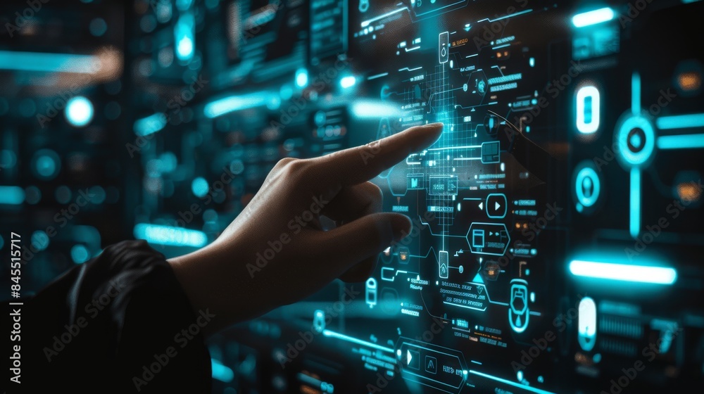 A hand pointing at an interactive screen displaying various digital data and cyber security symbols, representing the concept of advanced AI technology in business office environment. A hand pointing at an interactive screen displaying various digital data and cyber security symbols, representing the concept of advanced AI technology in business office environment.