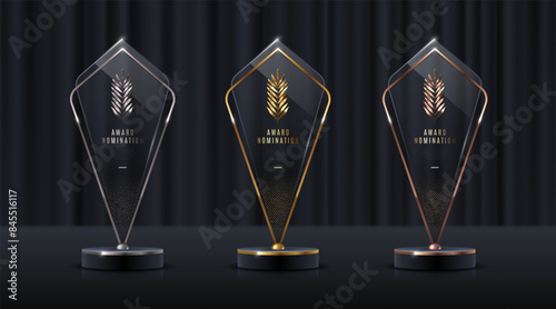 Set of glass award trophy with palm branch. Transparent prize template with golden branch. Winner first place concept. Vector illustration.