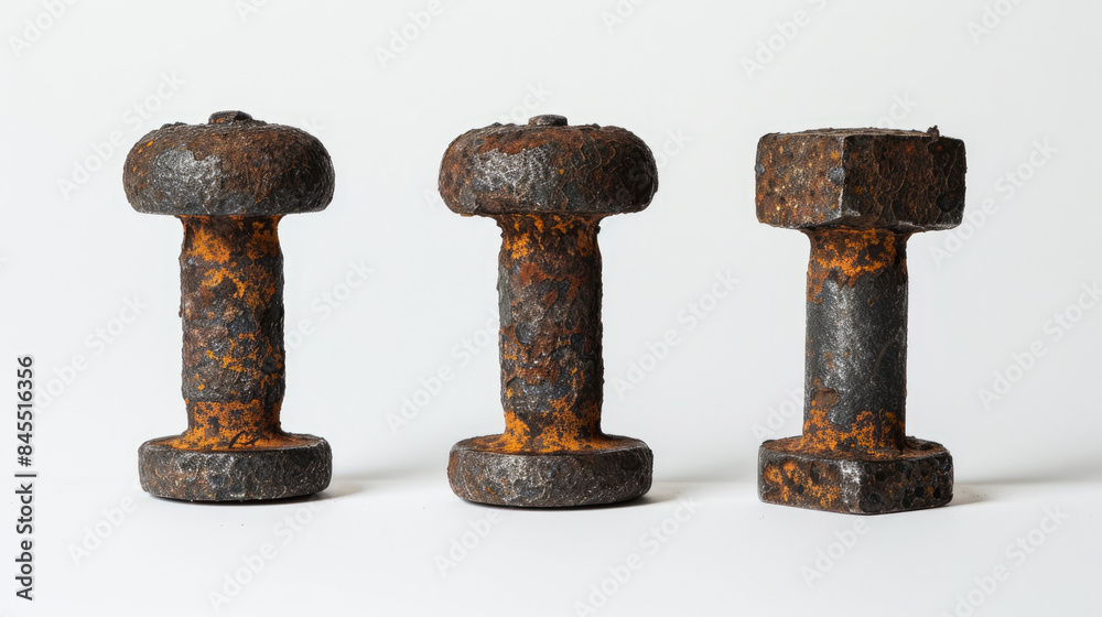 Antique iron weights, covered in rust, stand out against a white background. Antique iron weights, covered in rust, stand out against a white background.