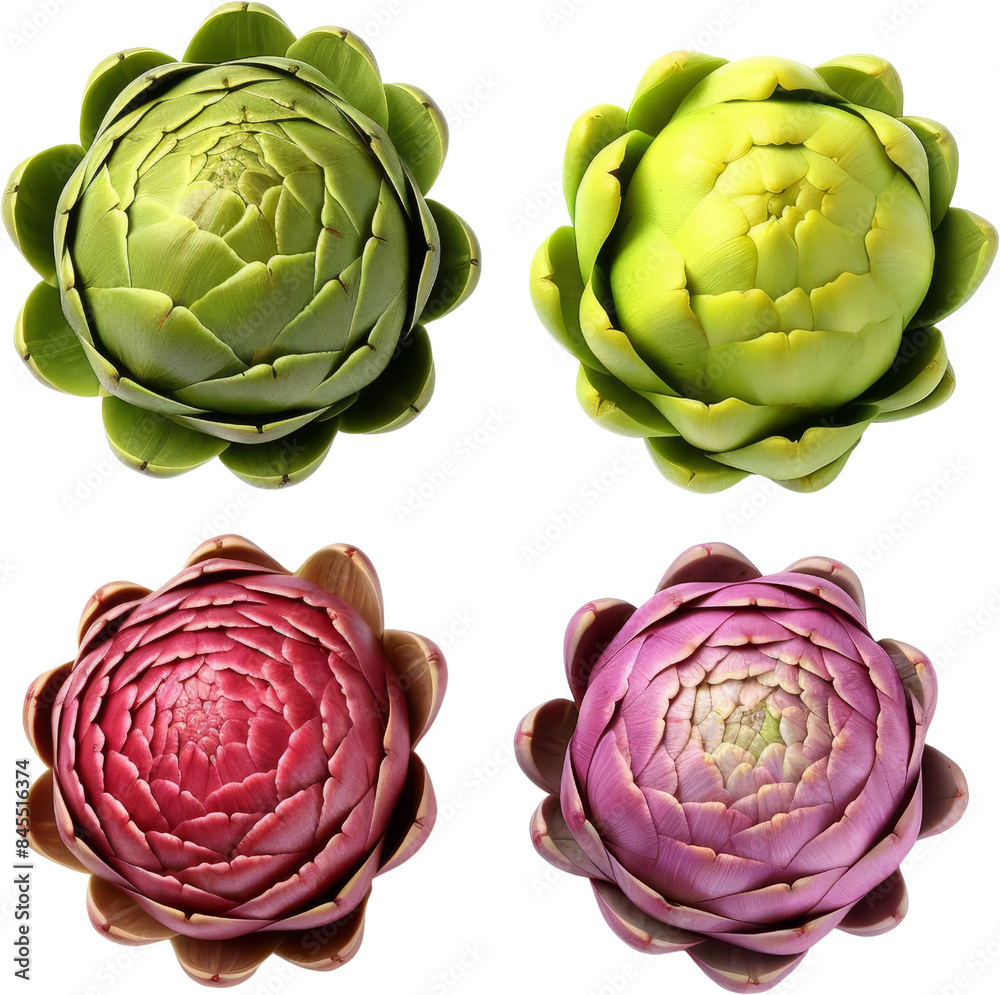 Fototapeta premium Top view of colorful artichokes in four variations green and purple. High-quality, isolated on white, perfect for kitchen and food themes.