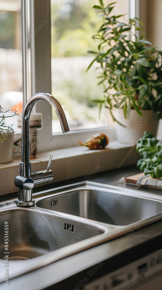 Modern stainless steel kitchen sink with sleek faucet and bright lighting Modern stainless steel kitchen sink with sleek faucet and bright lighting