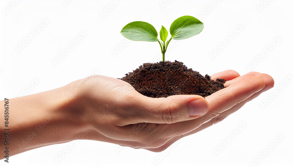 Sustainability concept; isolated hand holding a plant