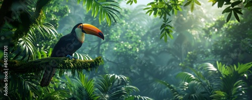Lush rainforest canopy with a vibrant toucan perched on a branch, 4K hyperrealistic photo photo