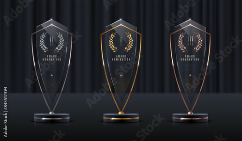 Set of glass award trophy with laurel wreath. Transparent prize template with golden laurel branches. Winner first place concept. Vector illustration.