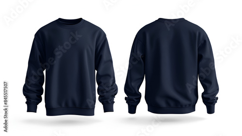 Navy Blue color crew neck blank template front and back view isolated on white background. sweatshirt mock up	
