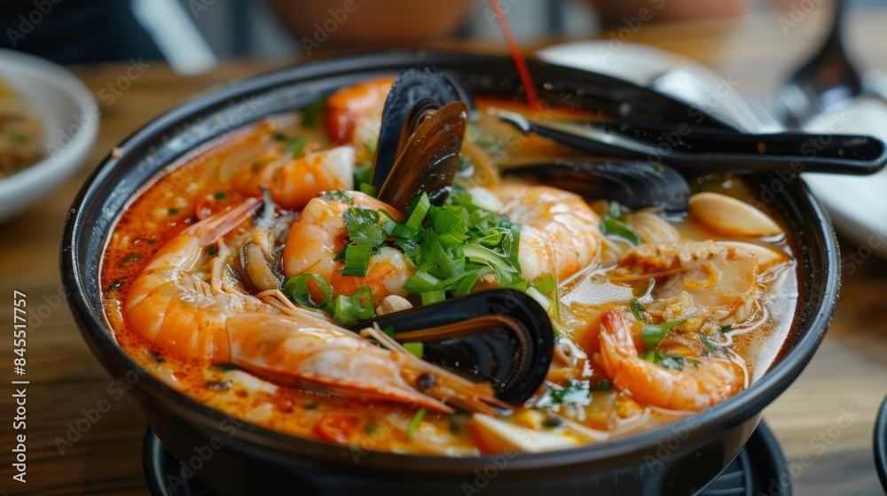 Person savoring a bowl of spicy Thai seafood soup (tom yum talay) with shrimp, squid, and mussels Person savoring a bowl of spicy Thai seafood soup (tom yum talay) with shrimp, squid, and mussels