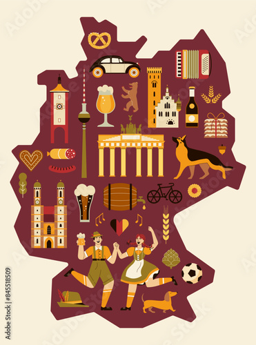 Germany Travel Map with German Culture Symbols