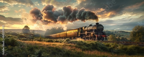 Steam locomotive chugging through a scenic landscape, 4K hyperrealistic photo