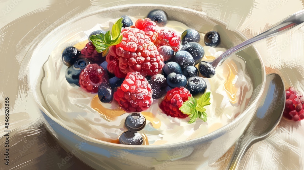 A bowl of creamy yogurt topped with fresh raspberries and blueberries, a spoon resting on the rim.