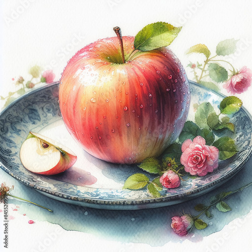 흰 배경, 접시 위 사과(white background, apple on a plate)