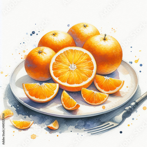 흰 배경, 접시 위 오렌지 (white background, orange on a plate)