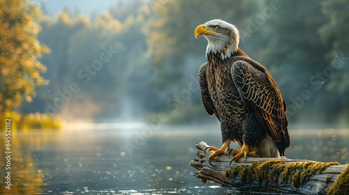 Majestic Bald Eagle Perched on a Log by a River.