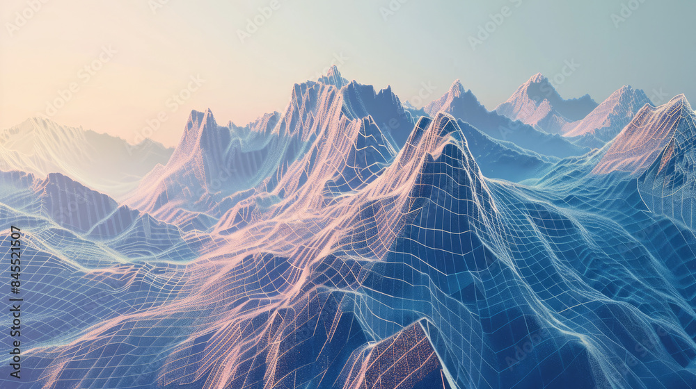 Digital topographic landscape showcasing colorful wireframe mountain ranges at sunrise.