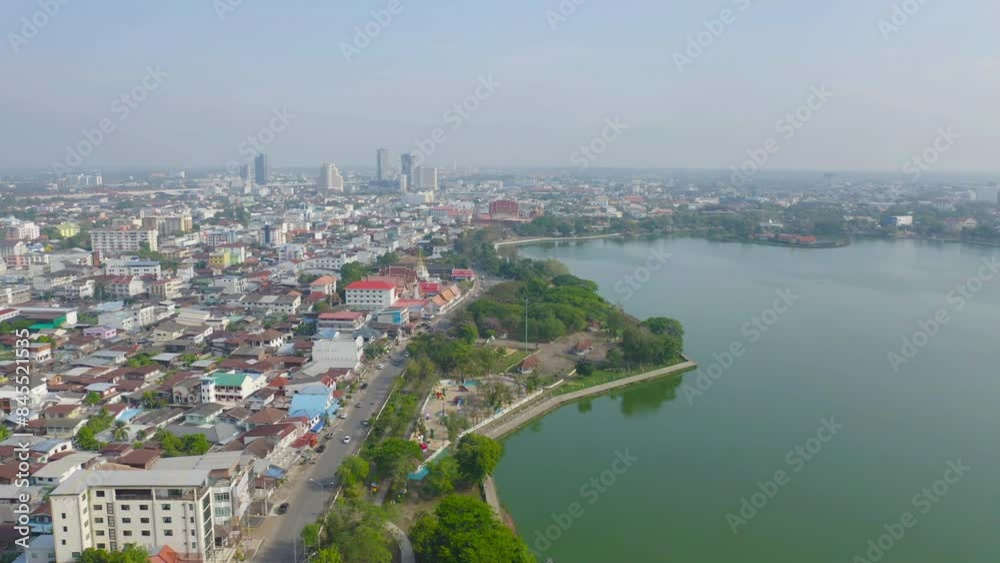 Aerial view of local residential neighborhood roofs. Urban housing development from above. Top view. Real estate in Isan, Khon Kaen urban city town, Thailand. Property real estate.