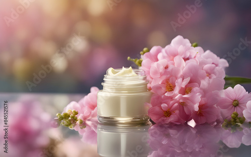 Premium skincare cream jar on a reflective surface  surrounded by soft pastel flowers  gentle lighting
