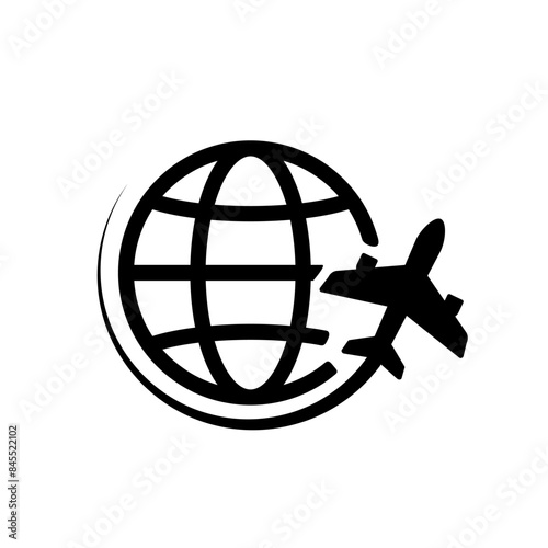 Plane globe icon. Plane flying around globe