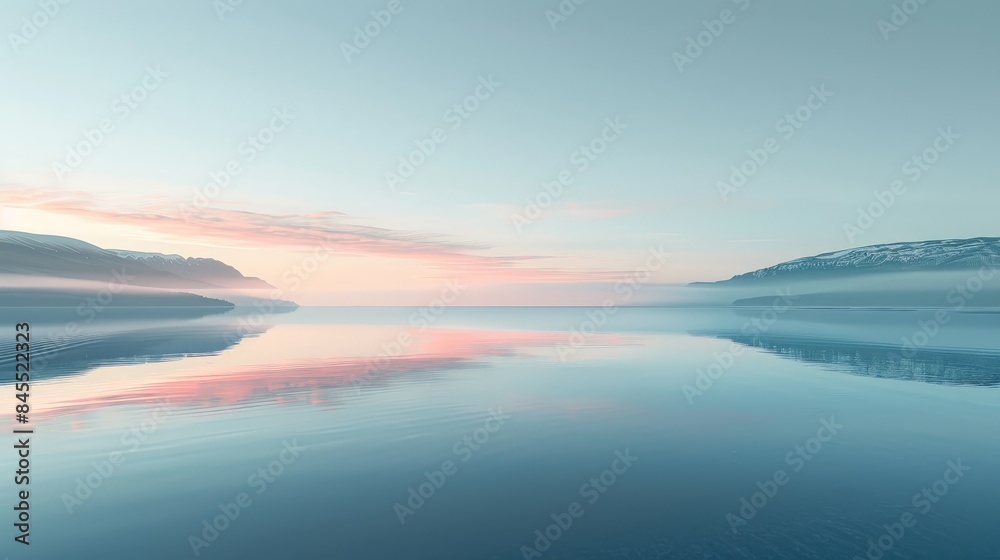 Fototapeta premium Serene Alaskan Coastal Sunrise: Minimalist Tranquility in Pastel Hues