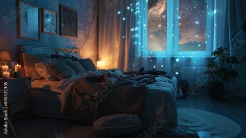 Cozy bedroom with soft lightning and stars projected on the wall