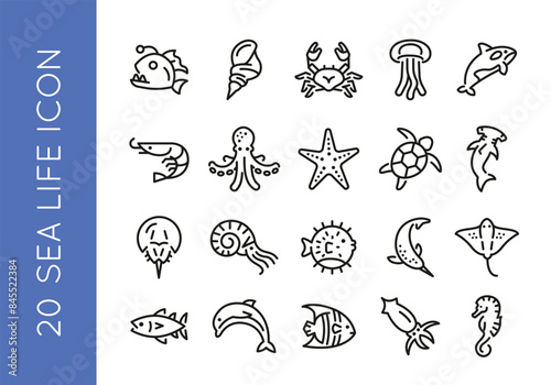 Sea life icons. Set of 20 sea life trendy minimal icons. Jellyfish, dolphin, shrimp, octopus, starfish, turtle, shark. Design signs for web page, mobile app, packaging design. Vector illustration