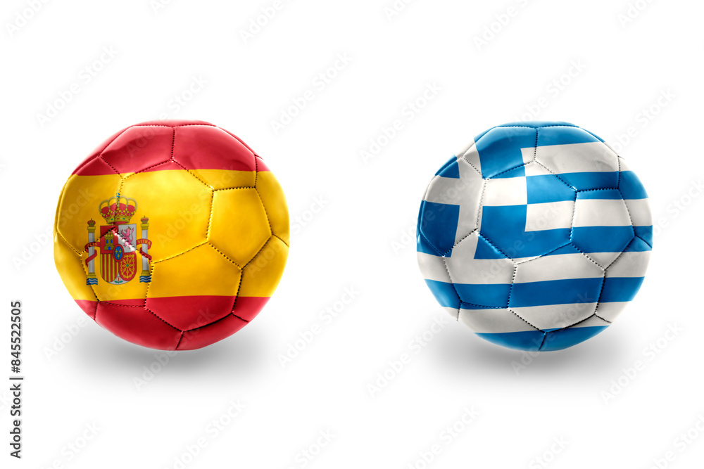 Obraz premium football balls with national flags of spain and greece ,soccer teams. on the white background.