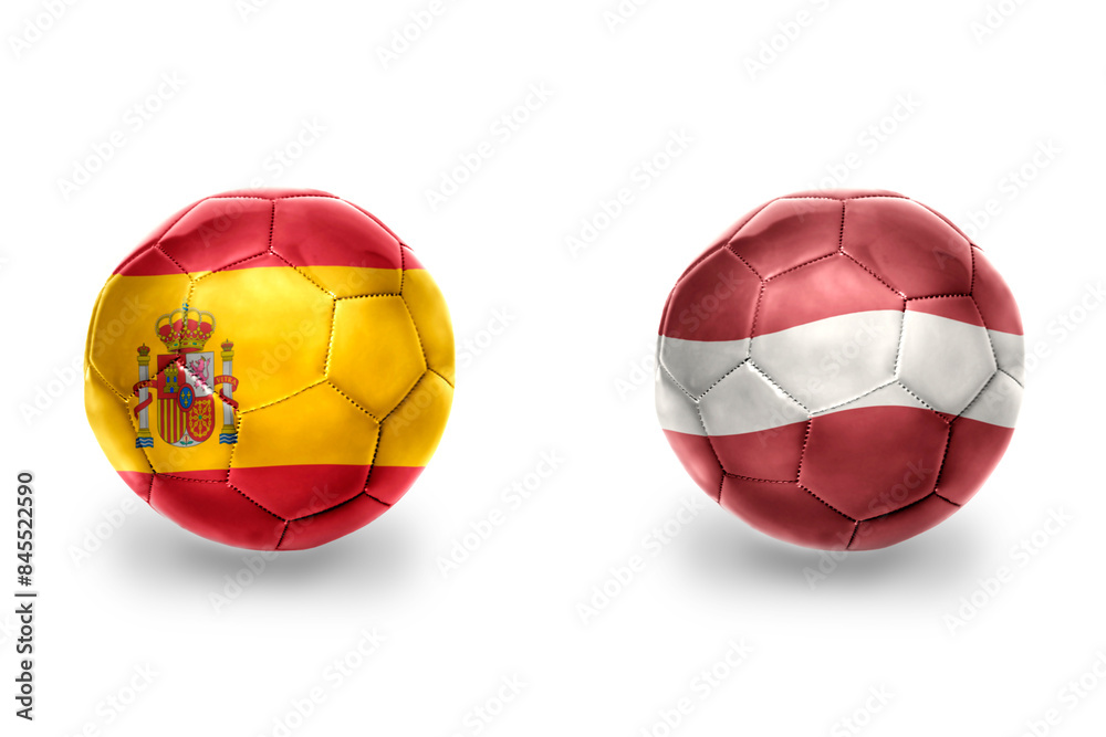 Fototapeta premium football balls with national flags of spain and latvia ,soccer teams. on the white background.