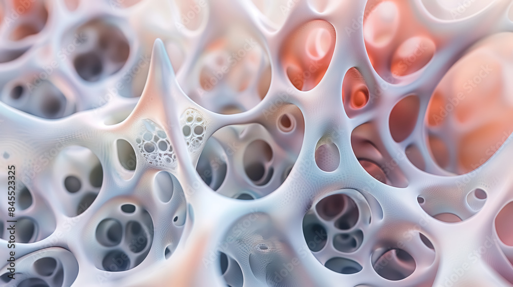 A closeup of an abstract background featuring intricate patterns in shades of white and coral, resembling the delicate structure inside bone cells A closeup of an abstract background featuring intricate patterns in shades of white and coral, resembling the delicate structure inside bone cells