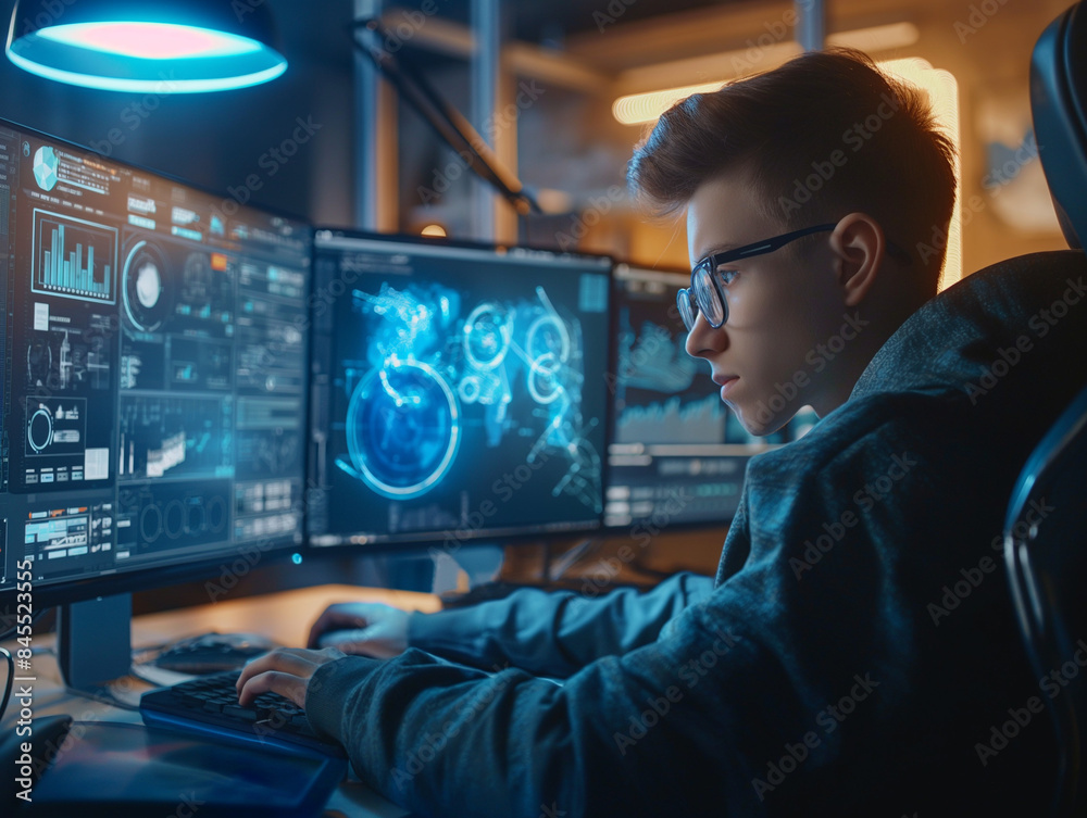 futuristic person working on computers futuristic person working on computers
