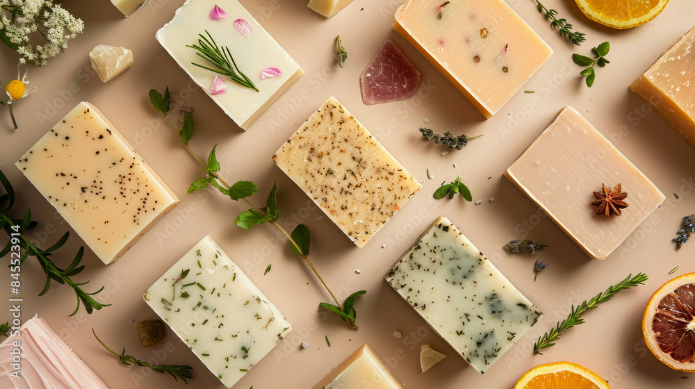 Handmade organic soap bars made from natural ingredients displayed on a beige background, showcasing the concept of handcrafted soap Handmade organic soap bars made from natural ingredients displayed on a beige background, showcasing the concept of handcrafted soap