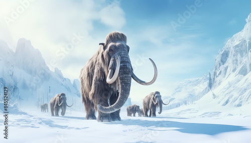 Three elephants are standing in a snowy field