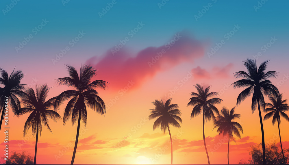 A beautiful sunset over the ocean with palm trees in the background A beautiful sunset over the ocean with palm trees in the background