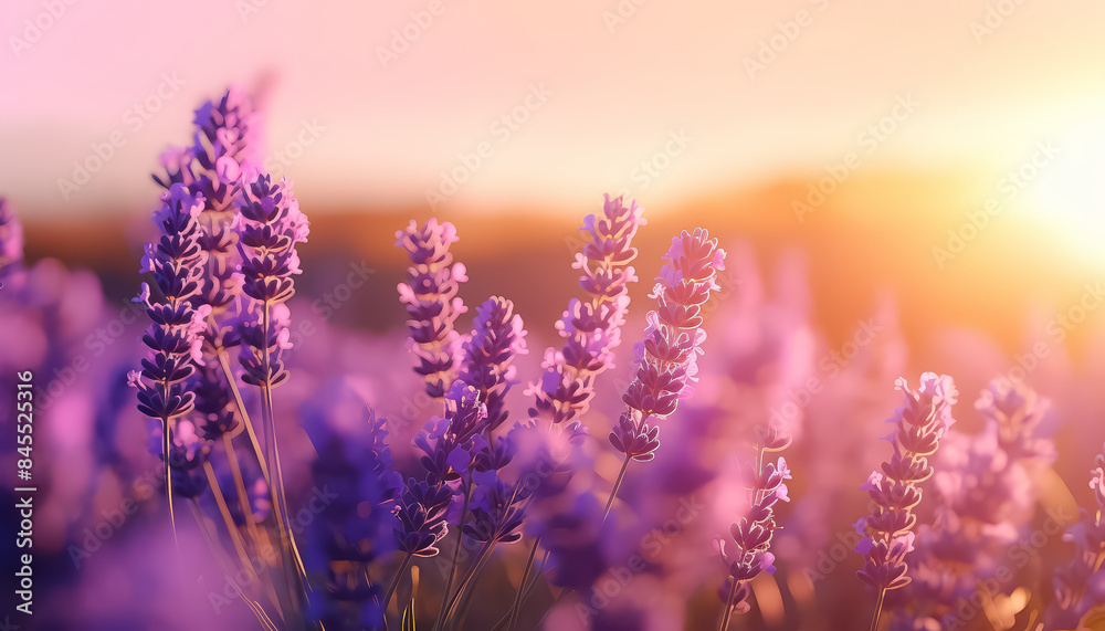 A field of purple flowers with a bright sun in the background A field of purple flowers with a bright sun in the background