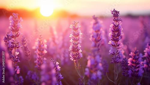 A field of purple flowers with a bright sun in the background