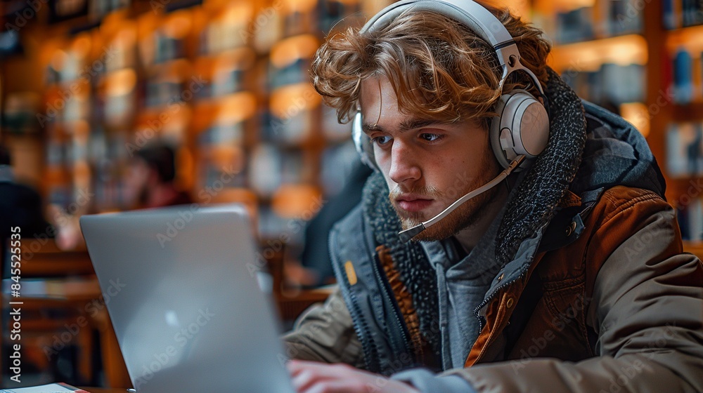 Focused Young Man Studying Online with Headset in Library Focused Young Man Studying Online with Headset in Library