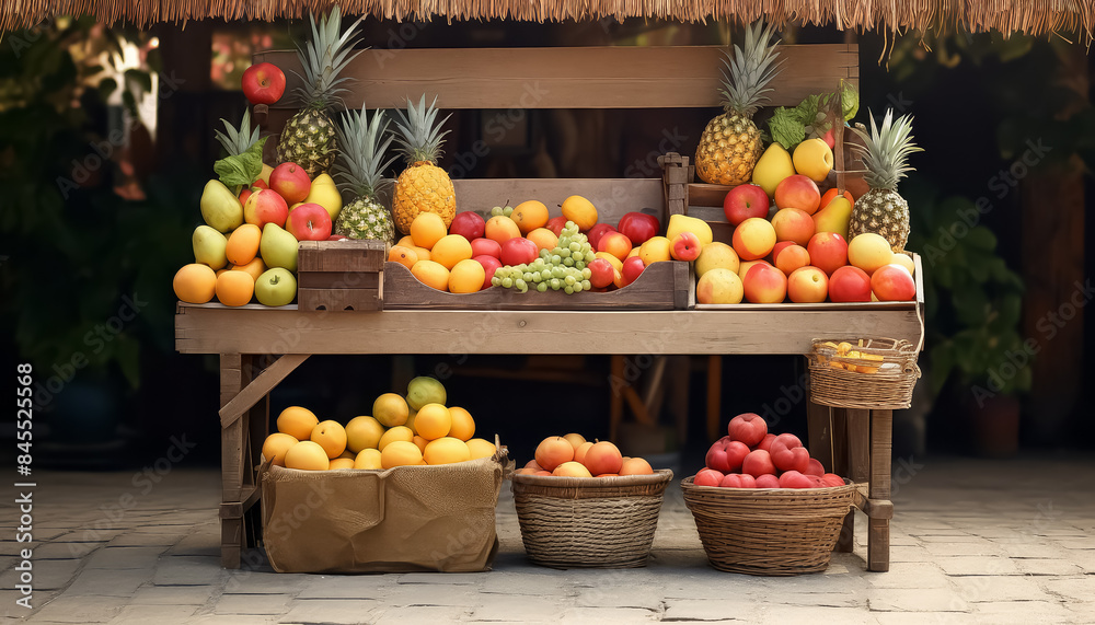 A wooden table is filled with a variety of fruits and vegetables A wooden table is filled with a variety of fruits and vegetables