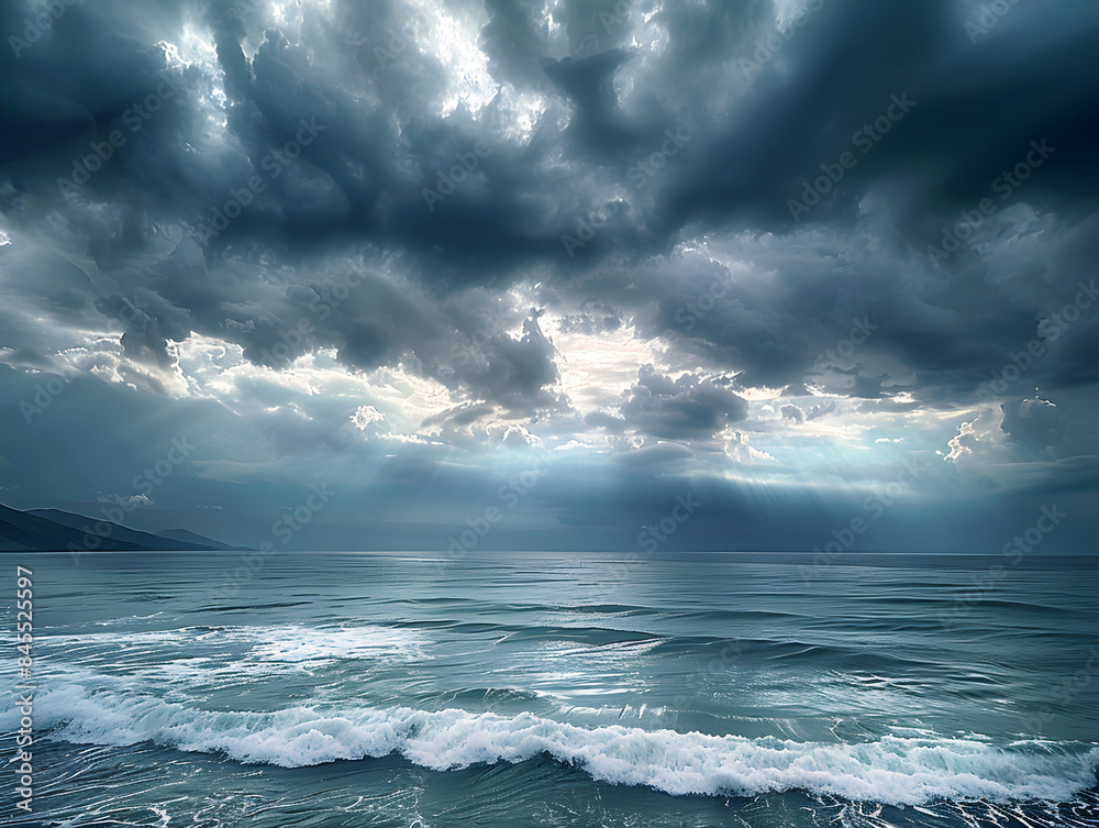 Fototapeta premium a dramatic sky with dark clouds and rays of sunlight shining through, creating a silhouette of a wave crashing onto a rocky beach.