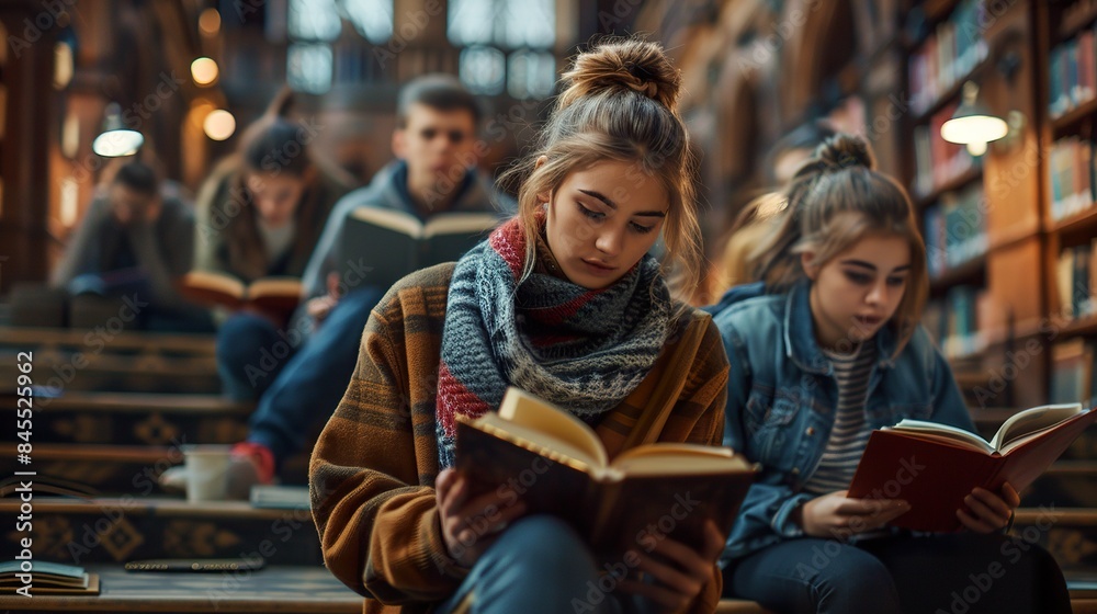 Students Reading Books in a Cozy Library Setting Students Reading Books in a Cozy Library Setting