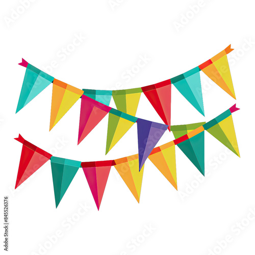 An image of two strings of colorful triangular party flags, isolated on a white background. Generative AI