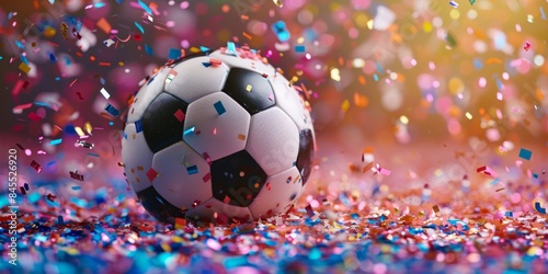 Soccer ball surrounded by colorful confetti in the air