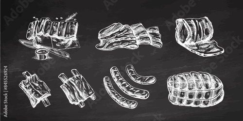 A set of hand-drawn sketches of meat pieces, bacon, ham, pork, ribs, sausage. Fresh meat products. Vintage engraved illustration on chalkboard background.