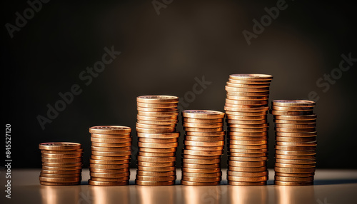 A stack of gold coins on a wooden table