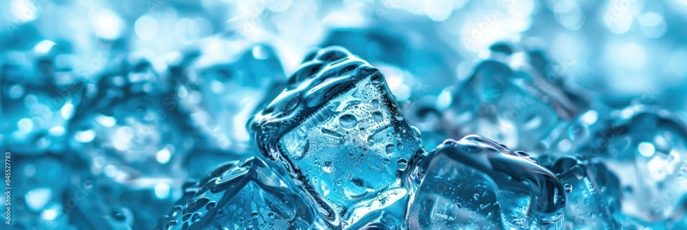 Ice Cubes. Blue Frozen Blocks of Cold Ice Droplets in Close-Up Ice Cubes. Blue Frozen Blocks of Cold Ice Droplets in Close-Up