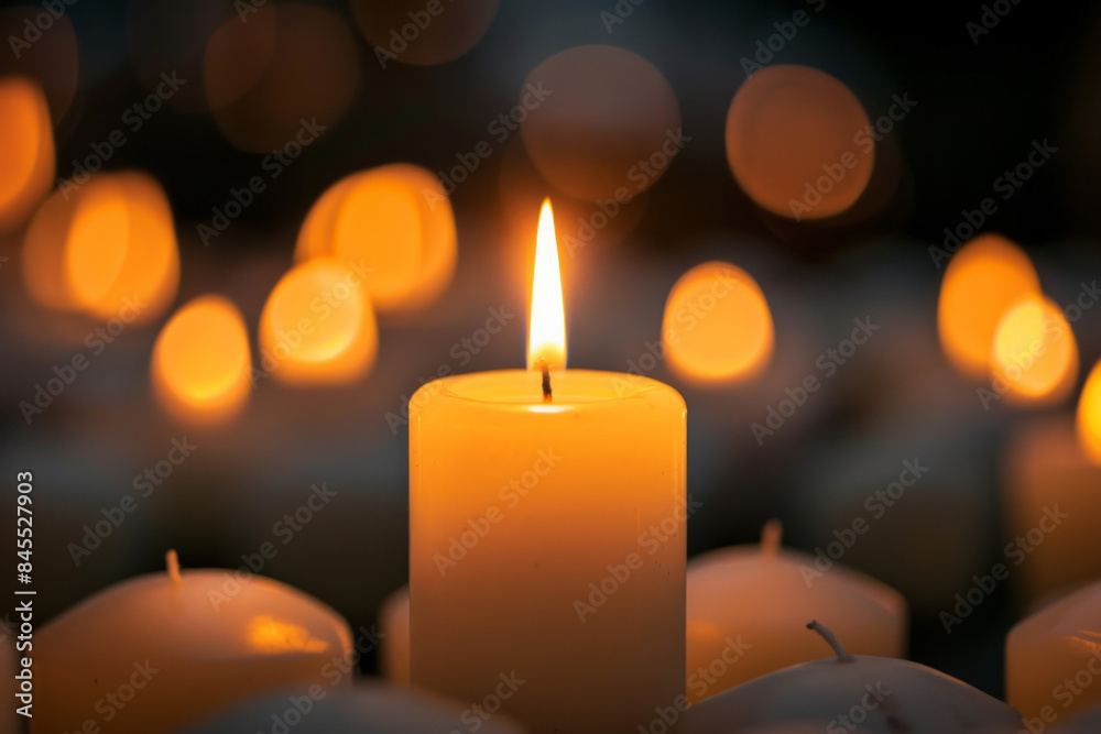 A single lit candle in the middle of unlit candles. A single lit candle in the middle of unlit candles.