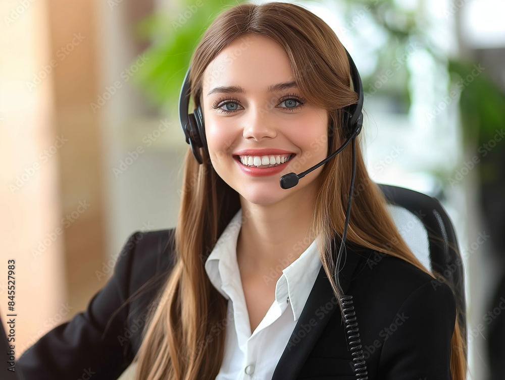 Female customer support operator with headset and smiling Female customer support operator with headset and smiling
