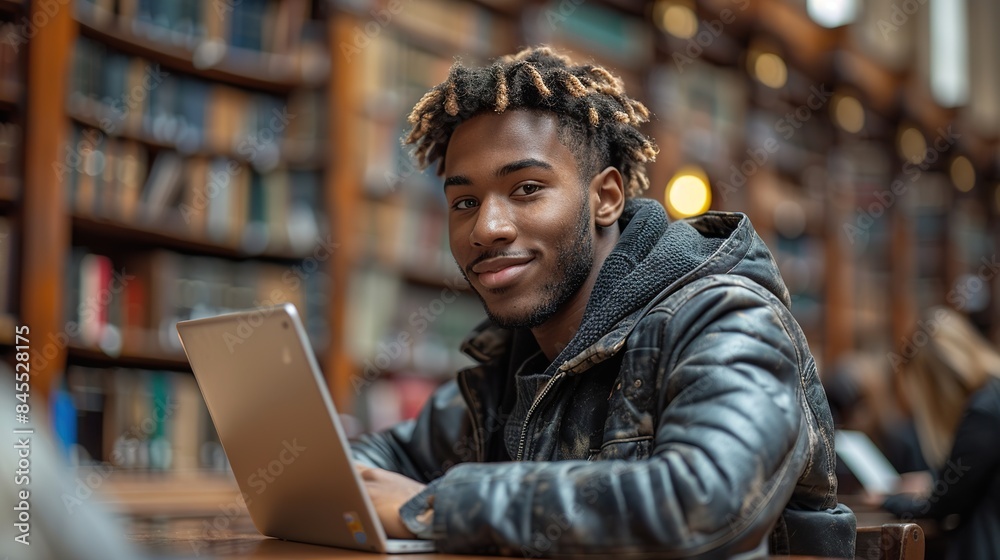 Smiling Student Studying with Laptop in a Library Smiling Student Studying with Laptop in a Library