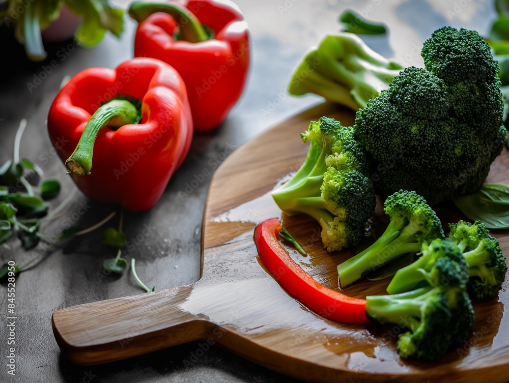 healthy nutrition, dishes from fresh broccoli and red pepper. Macro photo green fresh vegetable broccoli healthy nutrition, dishes from fresh broccoli and red pepper. Macro photo green fresh vegetable broccoli