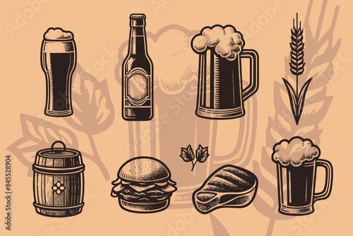 Beer set. Vintage old engraving vector illustration. Beer in a bottle, beer in a glass, snacks, burger, steak, hops, malt